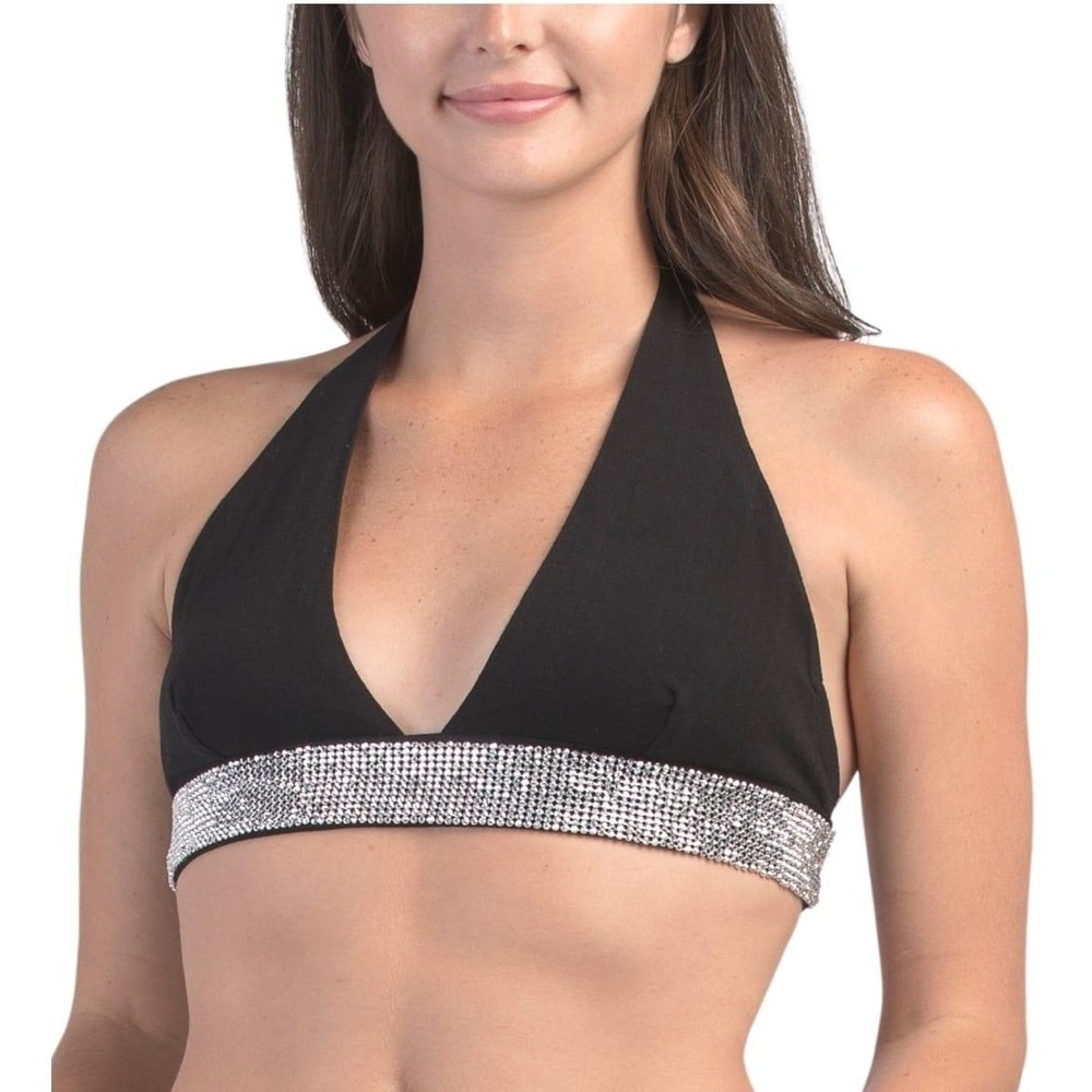 Free people Black Halter Neck Crop Top Rhinestone Band Adjustable Strap Size M